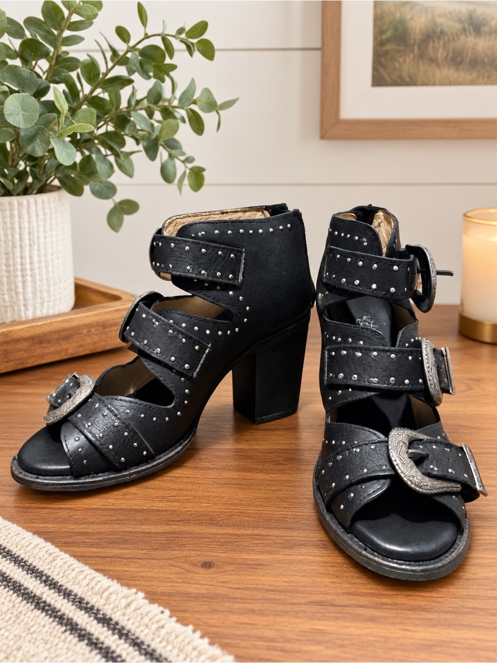 freebird Black Studded Buckle Block Heels